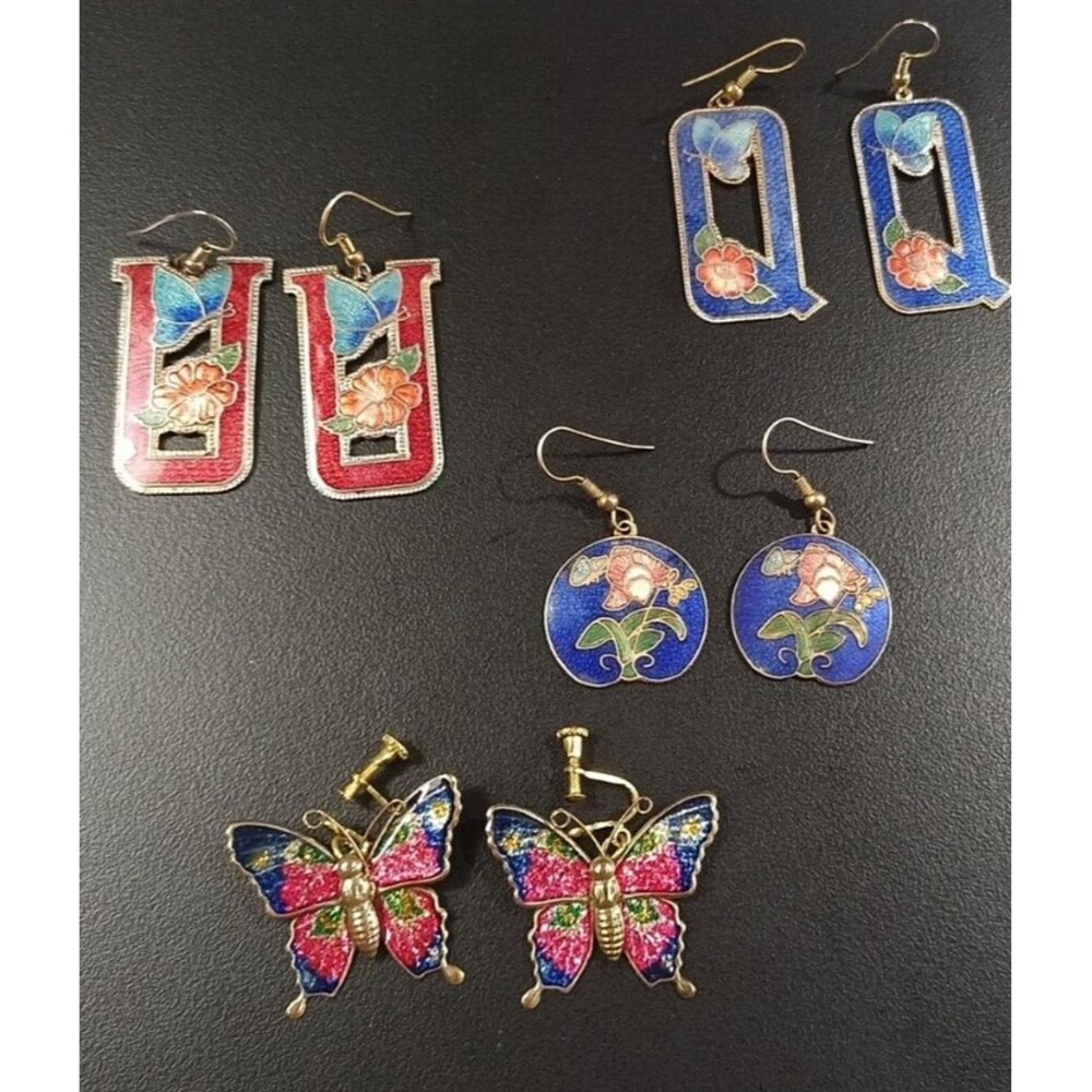 Vintage Enamel Dangle Cloisonne Earrings Flower Scene Letters Q, U & Butterfly